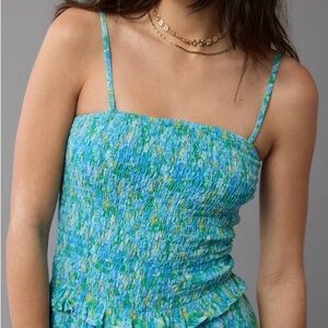 American Eagle Women’s Blue and Green Smocked Tube Top Size XXS